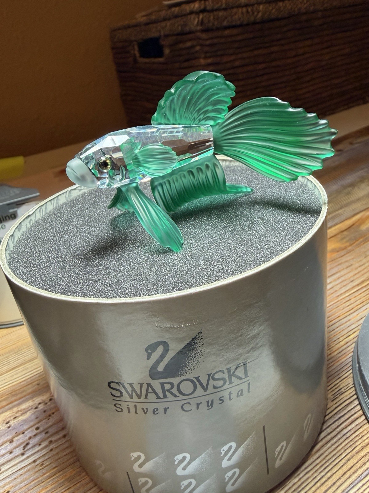 Swarovski Silver Crystal  Siamese Fight Fish Beautiful Green Austria Nice W/Box