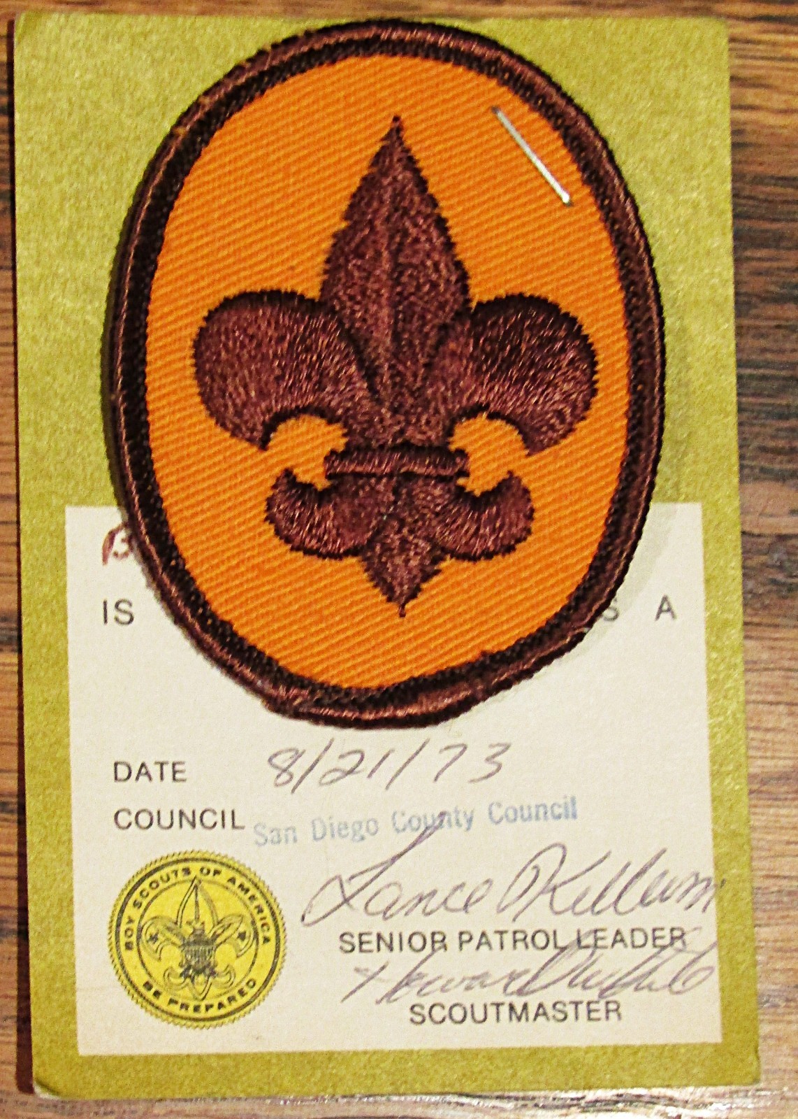 8/21/1973 Billy Smith\'s Boy Scouts of America Scout Rank Patch & Certificate