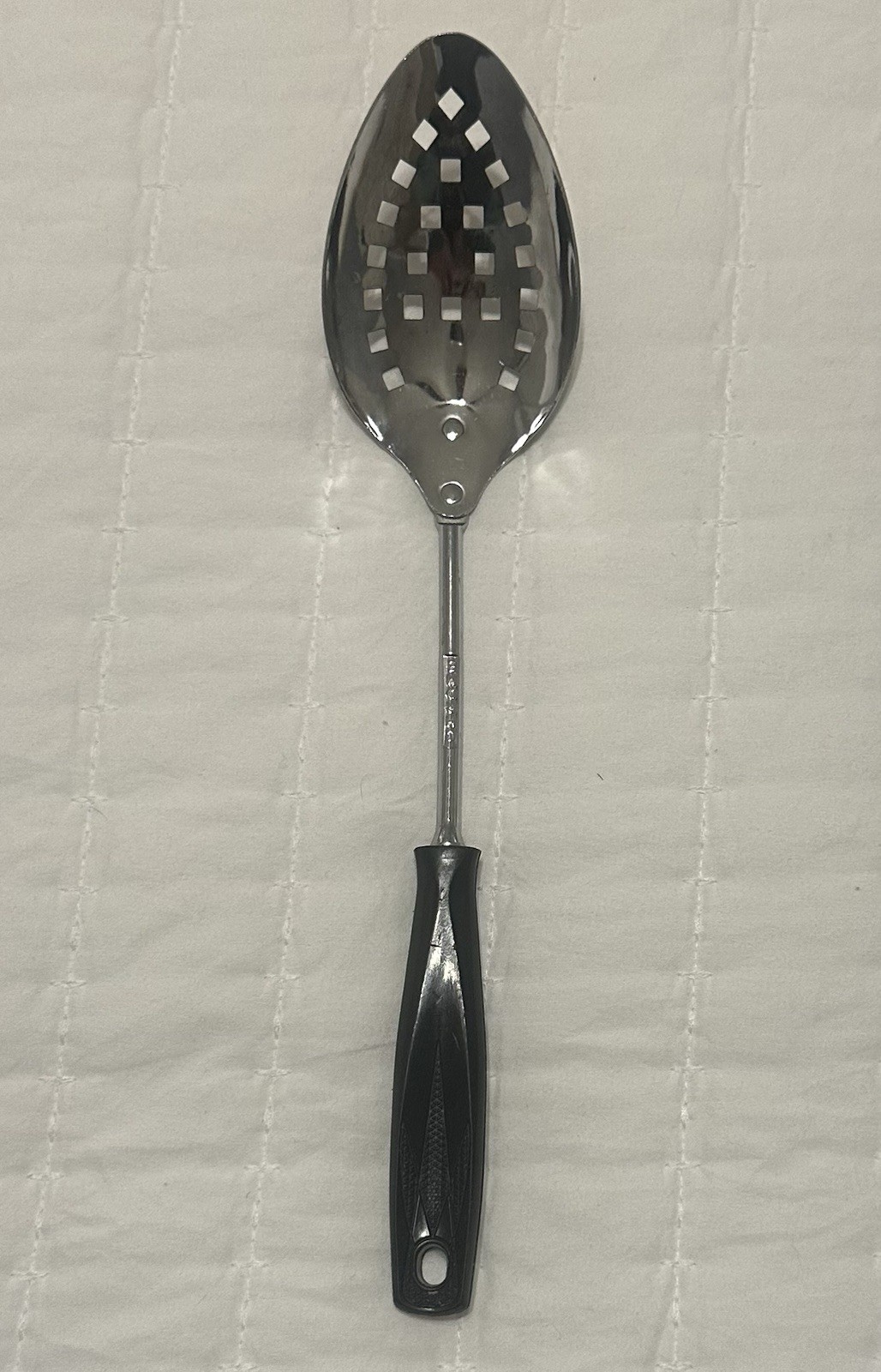 Slotted Serving Spoon Chrome Vintage Black Handle Square Holes  11-1/2