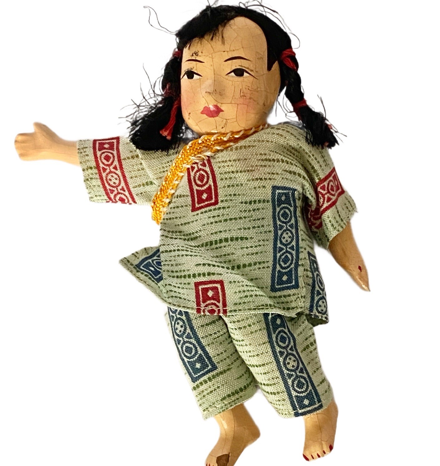 Vintage Chinese Doll Wood Composition Head Cloth Body Red Pigtails Folk Art