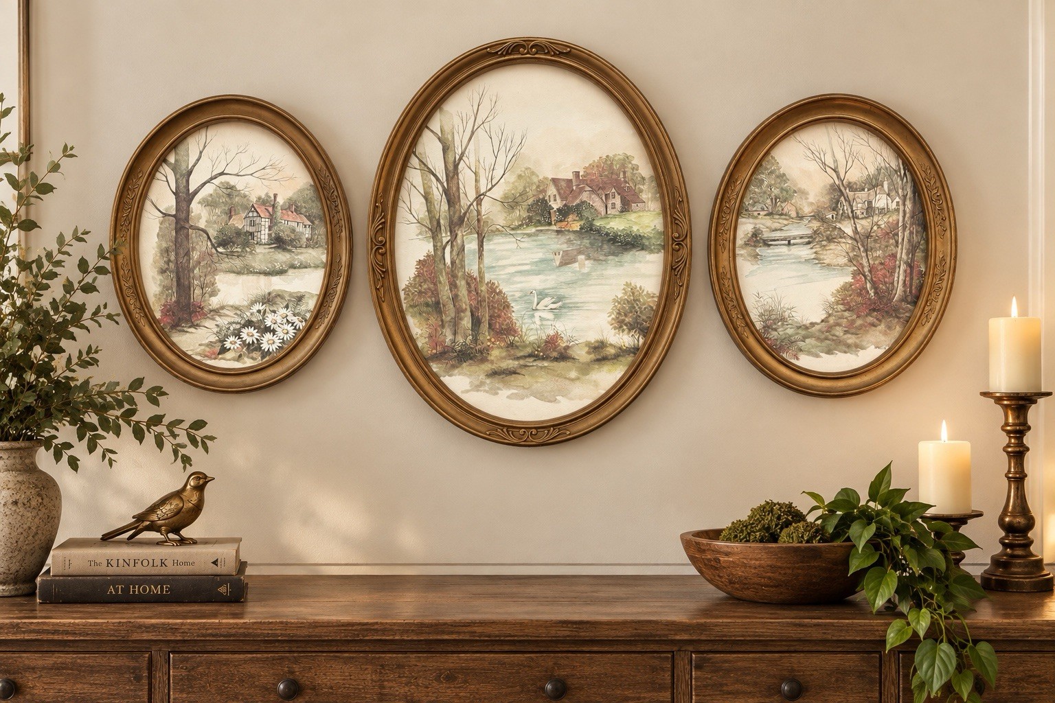 Vintage HOMCO Set of 3 Oval Landscape Wall Art Gold Frames 1980s Made USA