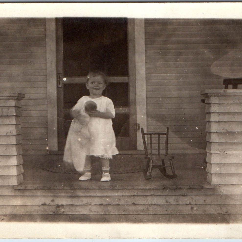 c1920s Cute Toddler Girl Holding Doll Porch 6\ c1920s Cute Toddler Girl Holding Doll Porch 6\