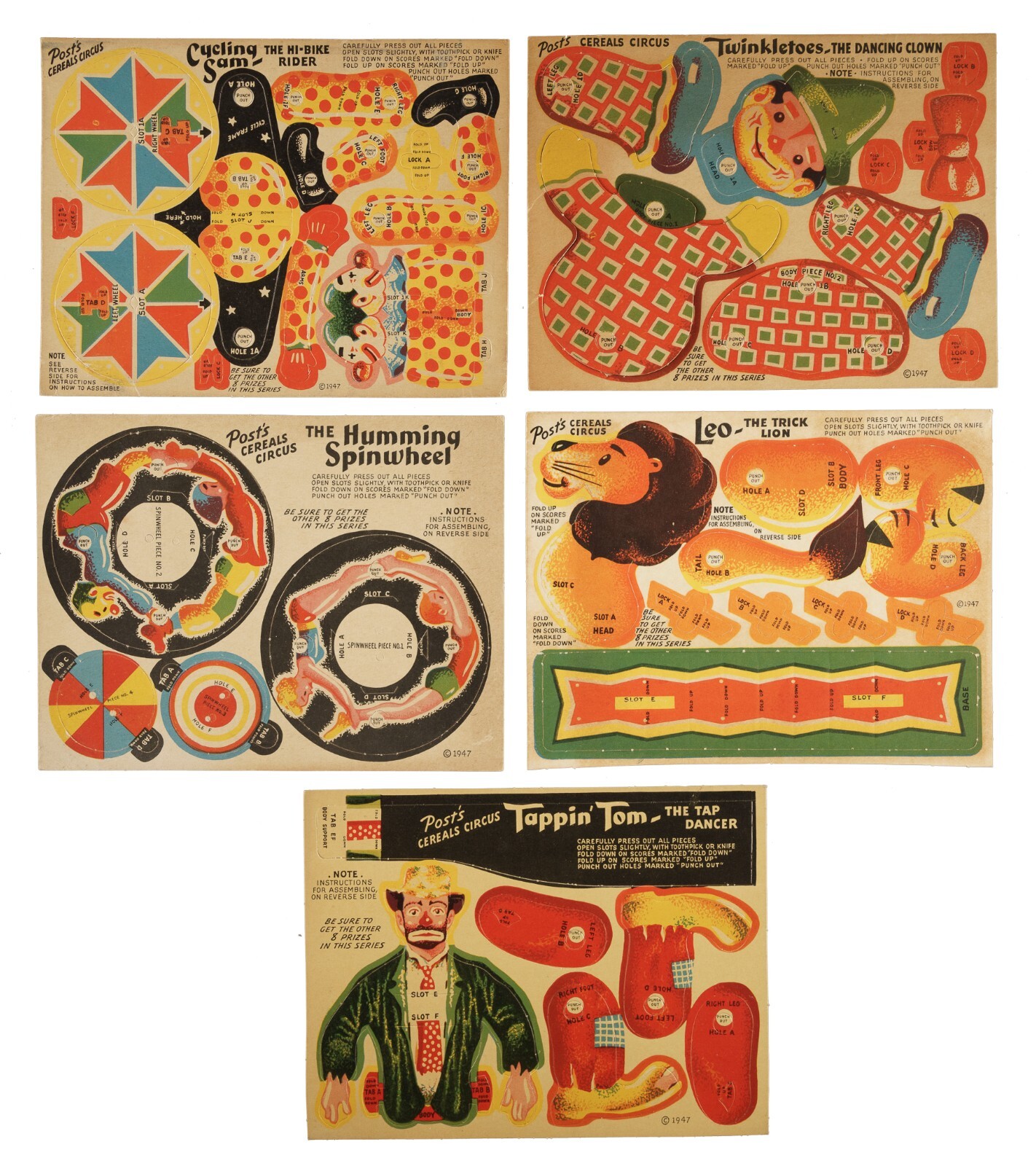 1947 Post Cereal Premium Circus Panel Set (5) Vintage Punch-Out Advertising VGEX