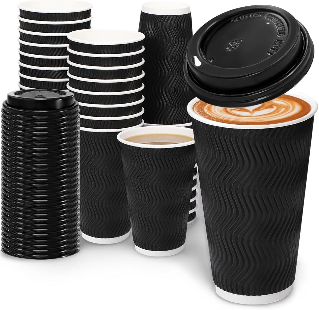 100 Pack 16 oz Coffee Cups with Lids Disposable To Go Paper Cups