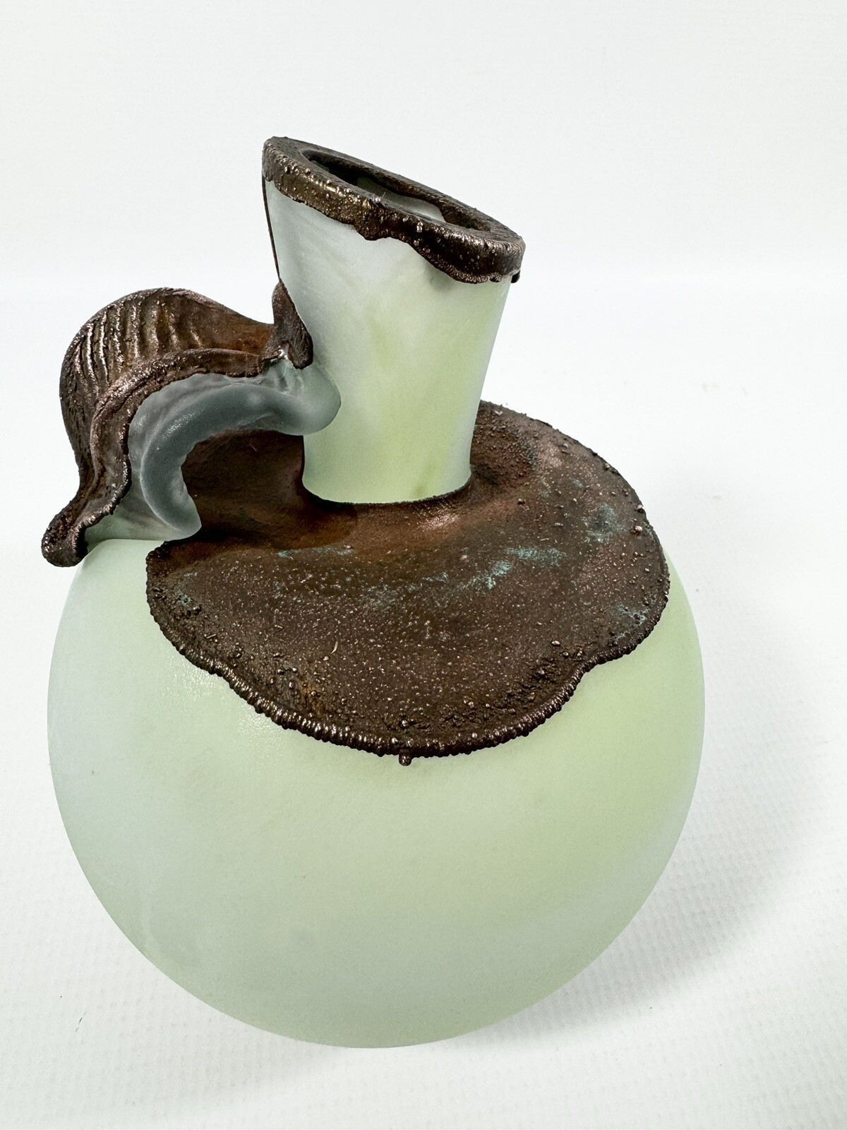 Beautiful Soft Green Satin Glass Vase With Copper Accent