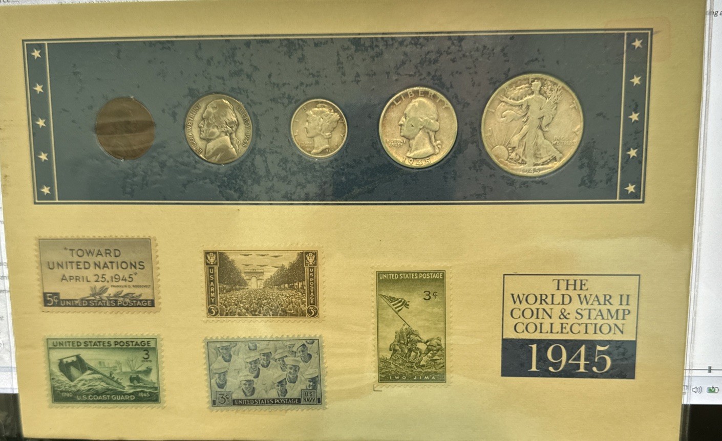 1945 WW2 Silver Collection - 4 Silver Coins- 1 Copper Penny + Stamps 1945 1945 WW2 Silver Collection - 4 Silver Coins- 1 Copper Penny + Stamps 1945
