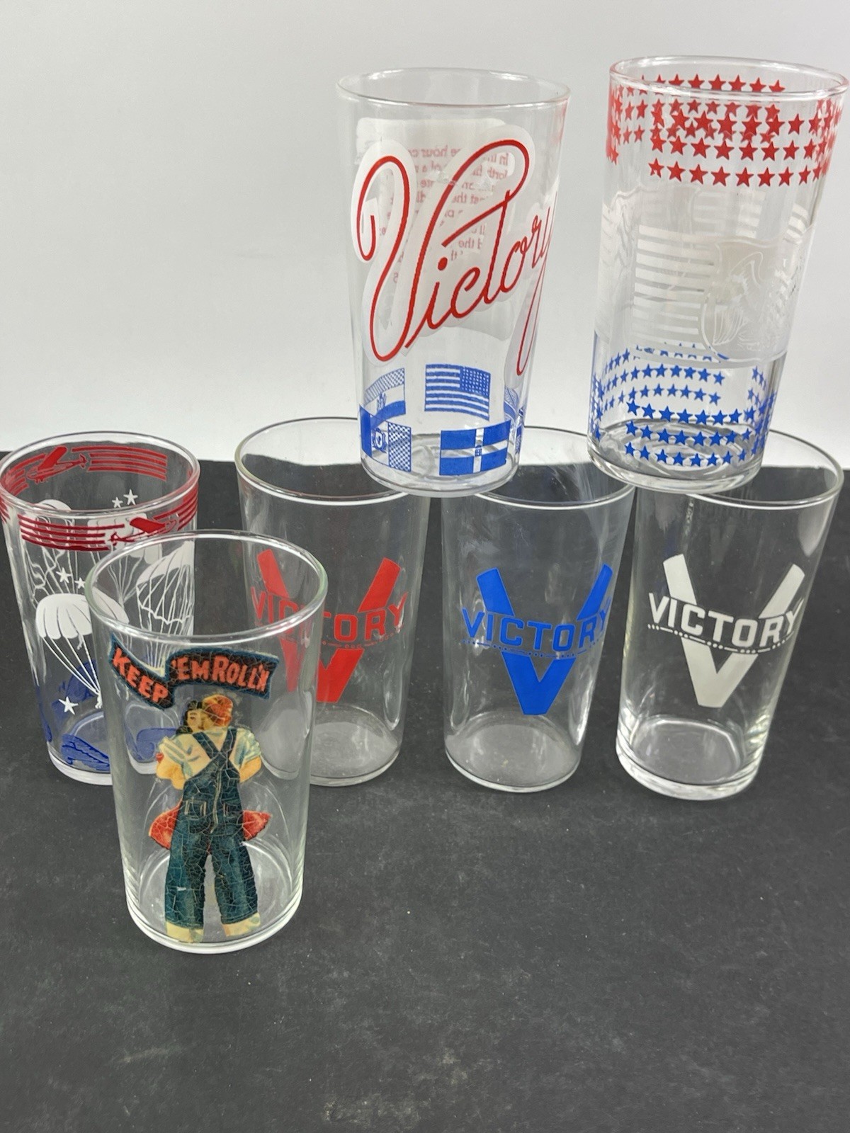 Vintage WWII 1942 Victory Glasses Tumblers , Collection Of 7 , Keep Em' Rollin'