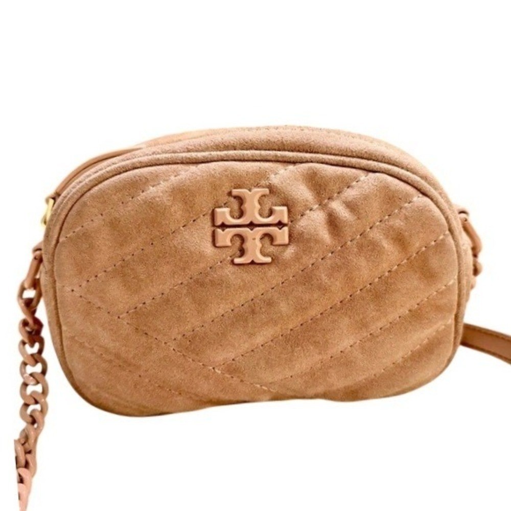 Tory Burch Kira Chevron Small Camera Bag Pink Suede Quilted Crossbody Handbag
