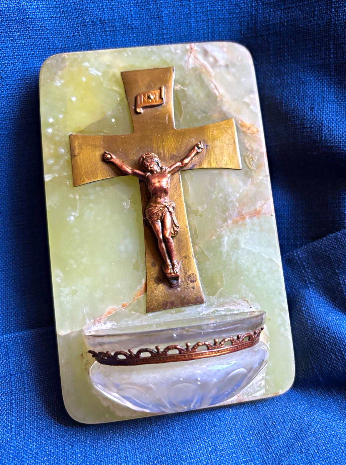 antique French holy water font, known as a bénitier, featuring a green onyx back