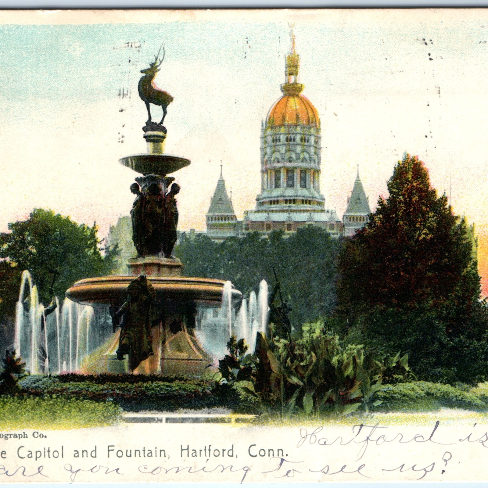 1905 Hartford CT Capitol Fountain Deer Statue Postcard Sol Art Rotograph 1763