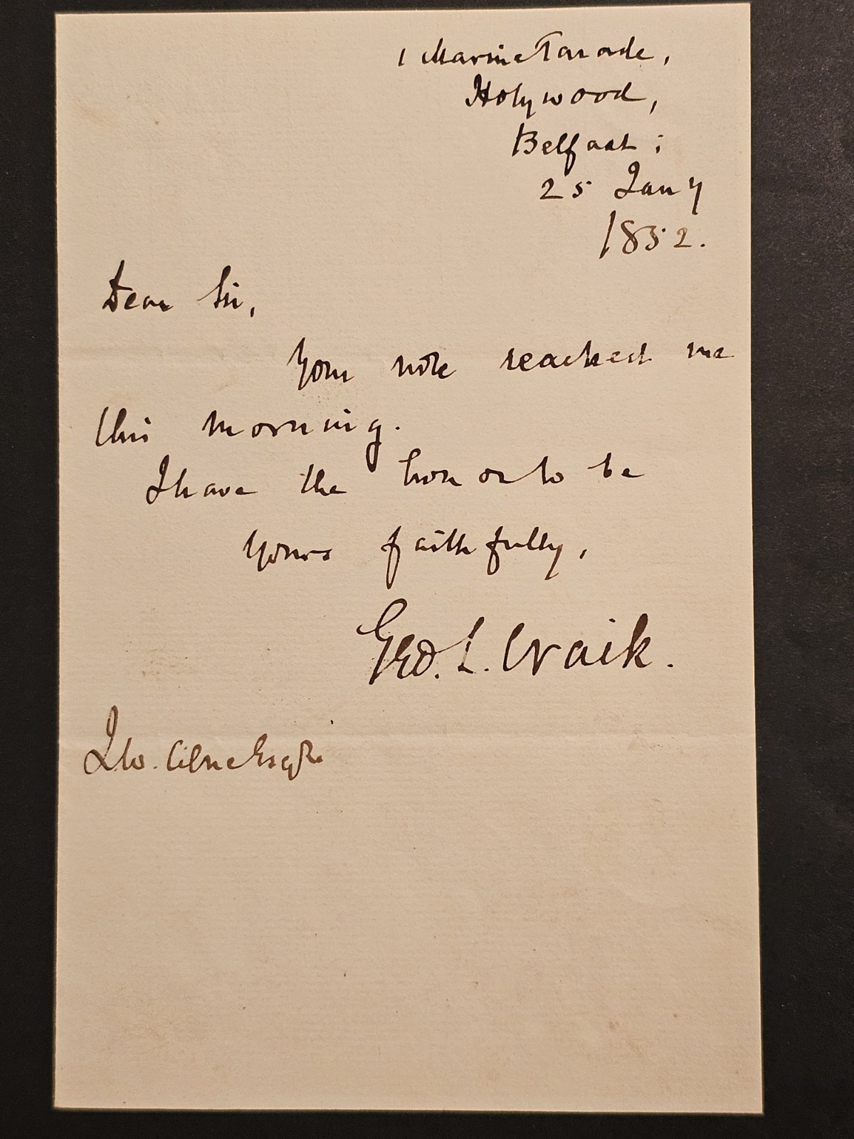 1882 Autograph Letter Signed by Prof. George L. Craik, Queen’s College Belfast