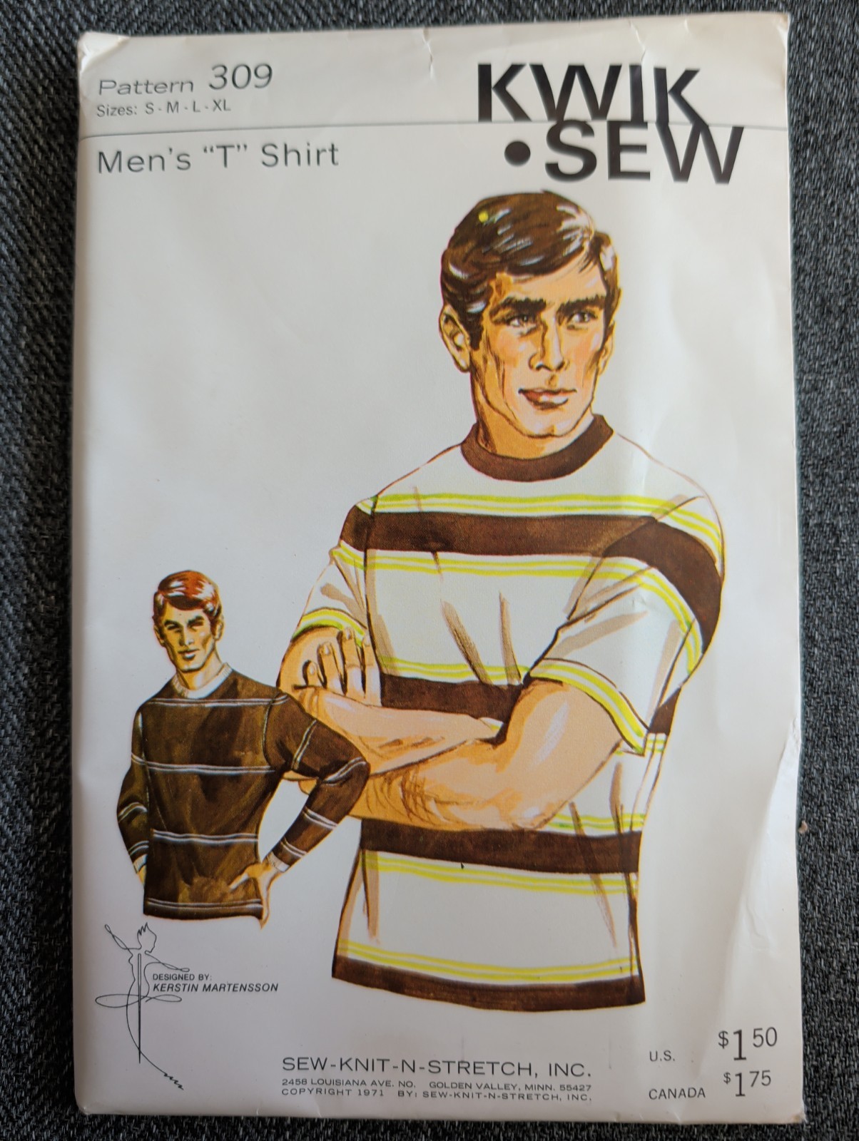 Kwik Sew 309 Vintage Mens T-Shirt Sewing Pattern Sizes S-M-L-XL 1971 New Uncut