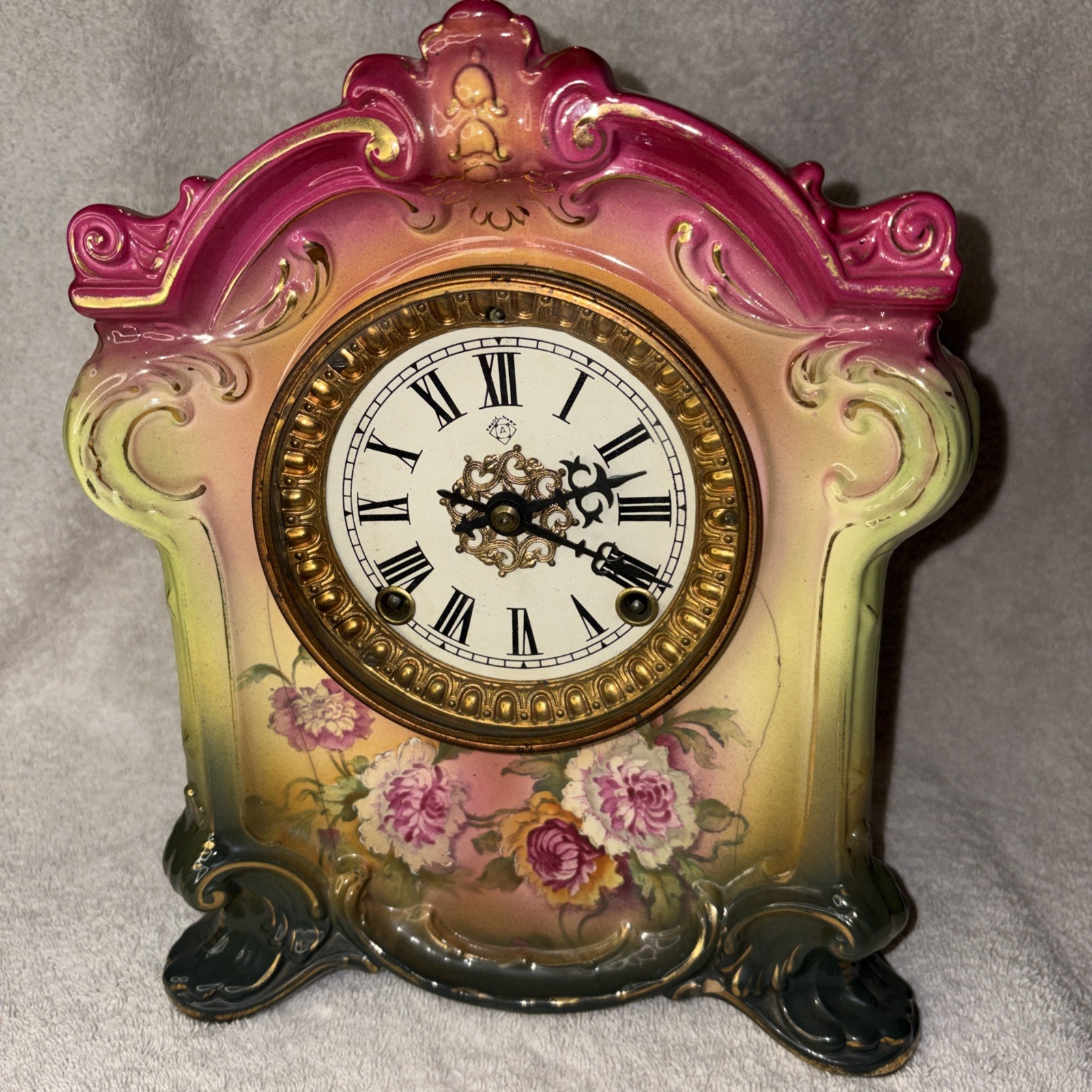 Antq A Royal Bonn Germany La Sedan Polychrome Gilt Floral Porcelain Clock Wrking