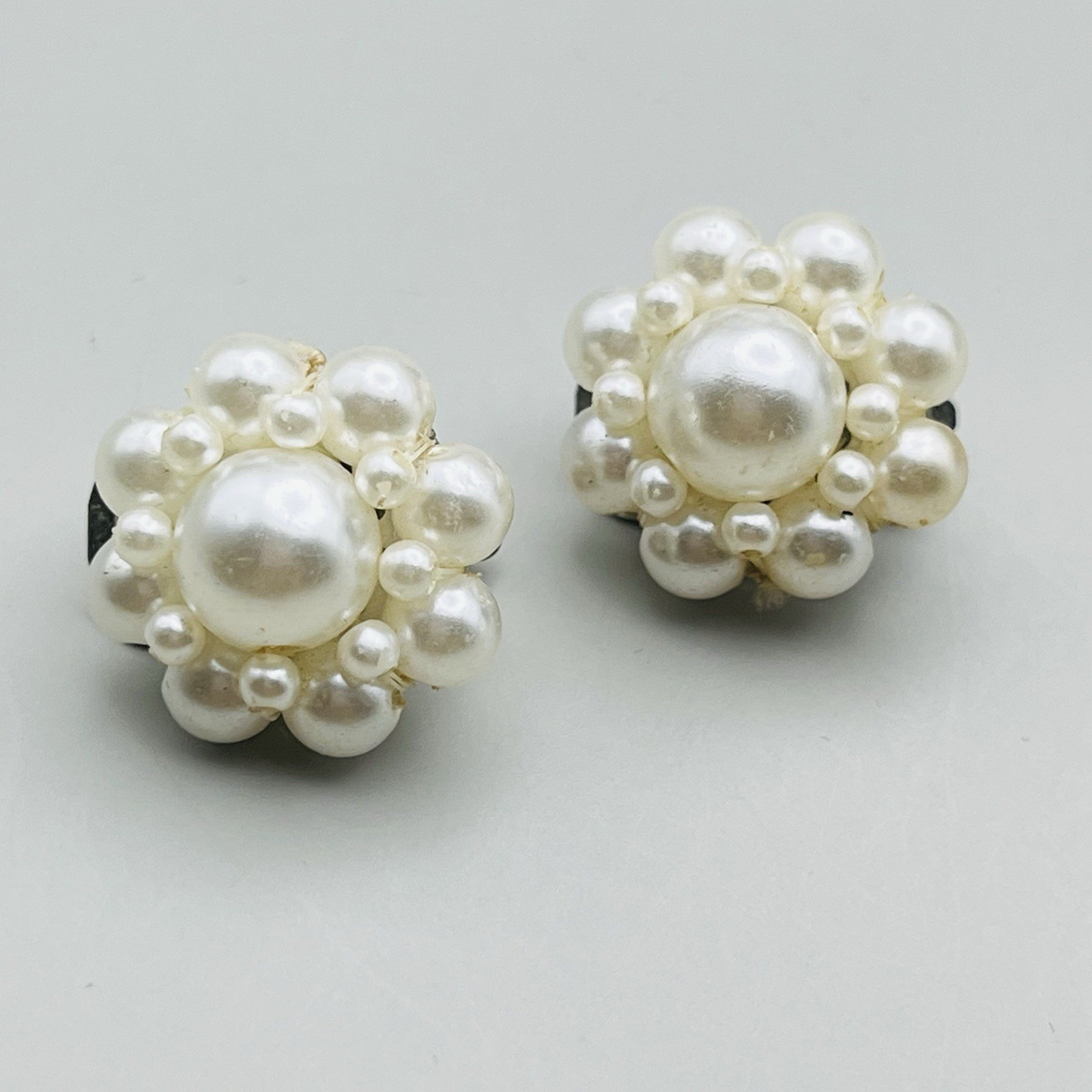 VTG Clip-On Earrings  White Pearl Cluster Button Silver Tone  .75\