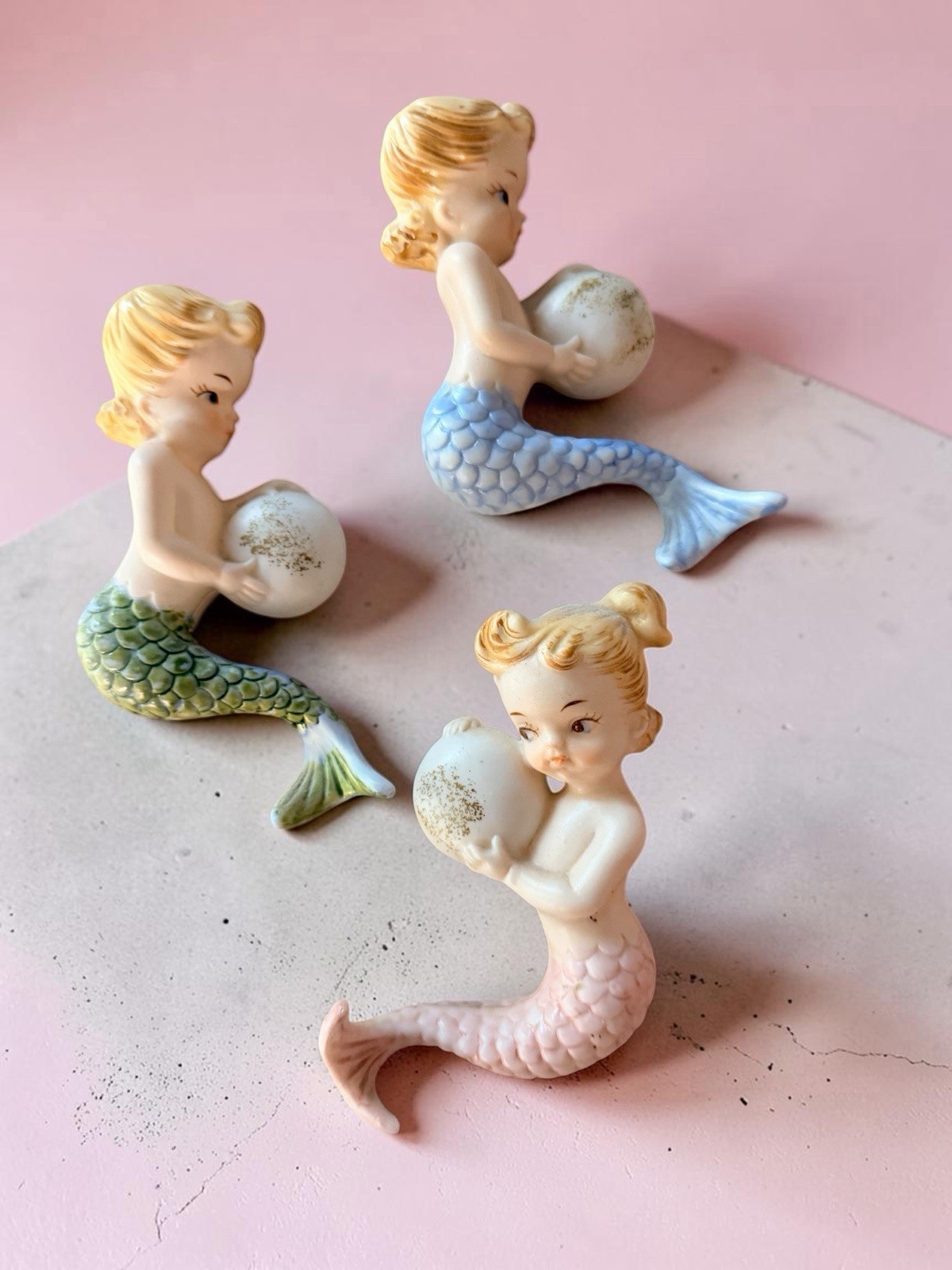 Vintage NORCREST Porcelain Set of 3 Mermaids Lovely 🌊 MINTY