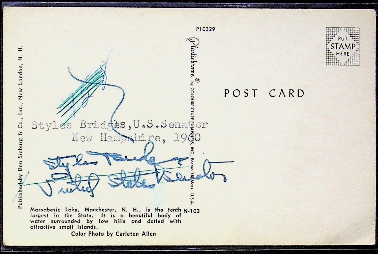 Vintage Massabesic Lake Postcard Signed by Styles Bridges 1960 Autograph Vintage Massabesic Lake Postcard Signed by Styles Bridges 1960 Autograph