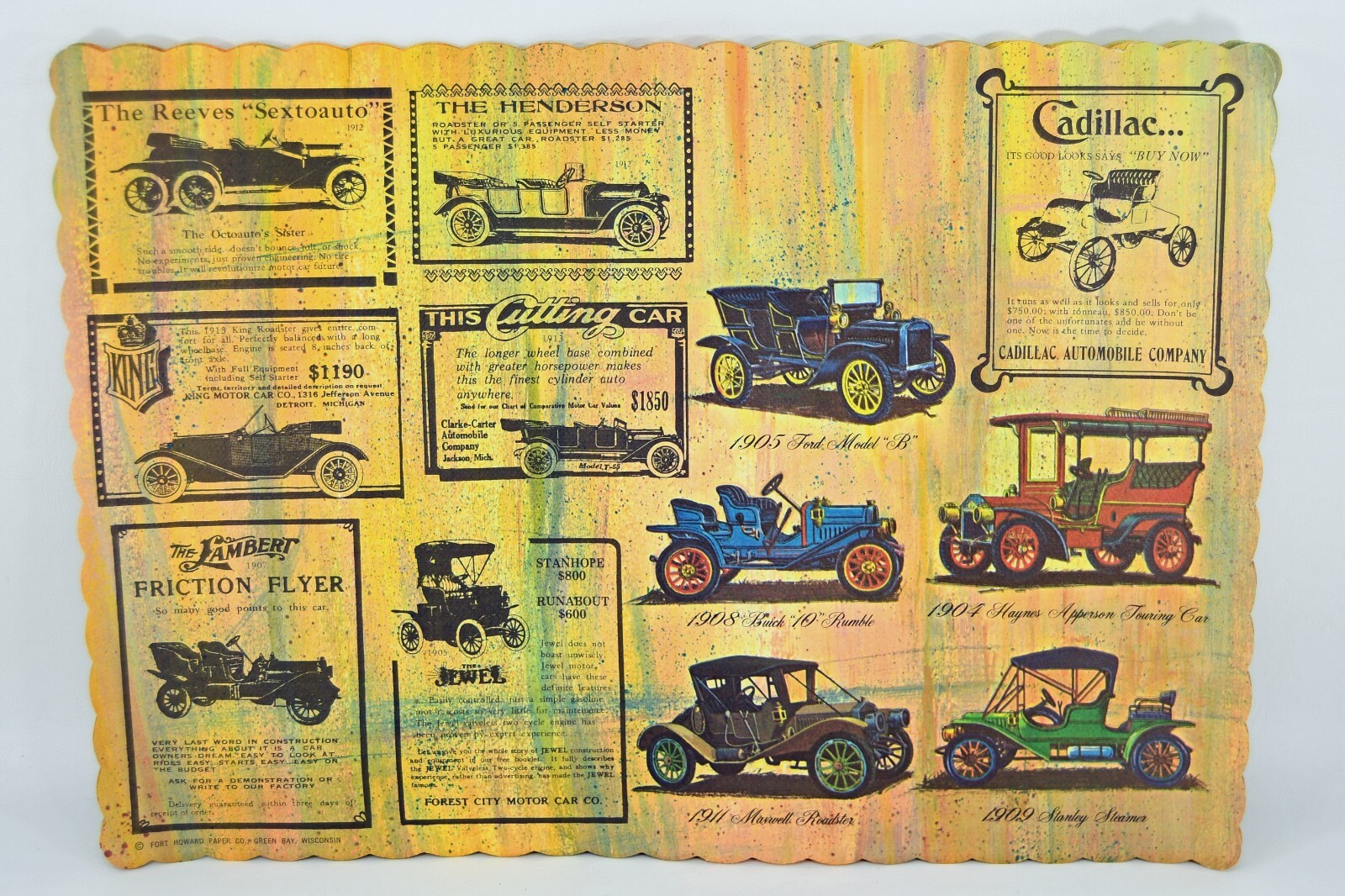 VTG Fort Howard Paper Placemats Featuring Antique Cars Reeves King Stanley Buick
