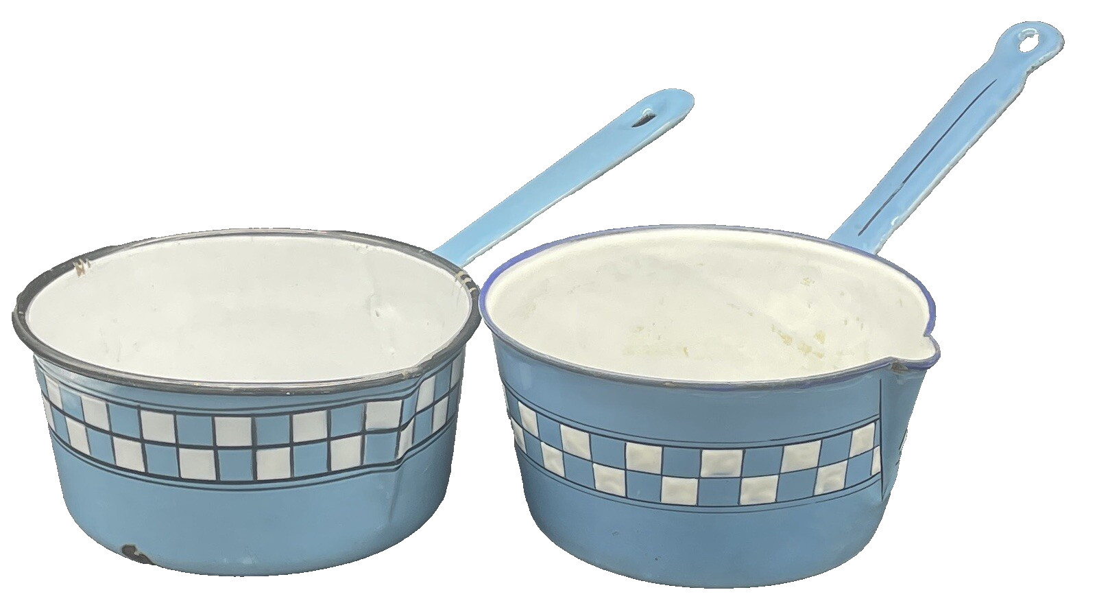 Pair of Vintage French Enamelware Blue & White Checked Pot Pan