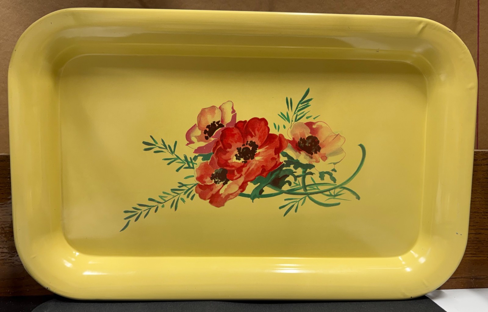 Vintage Rectangular Metal Serving Tray / Lap Tray 1950's Yellow Poppy Pattern