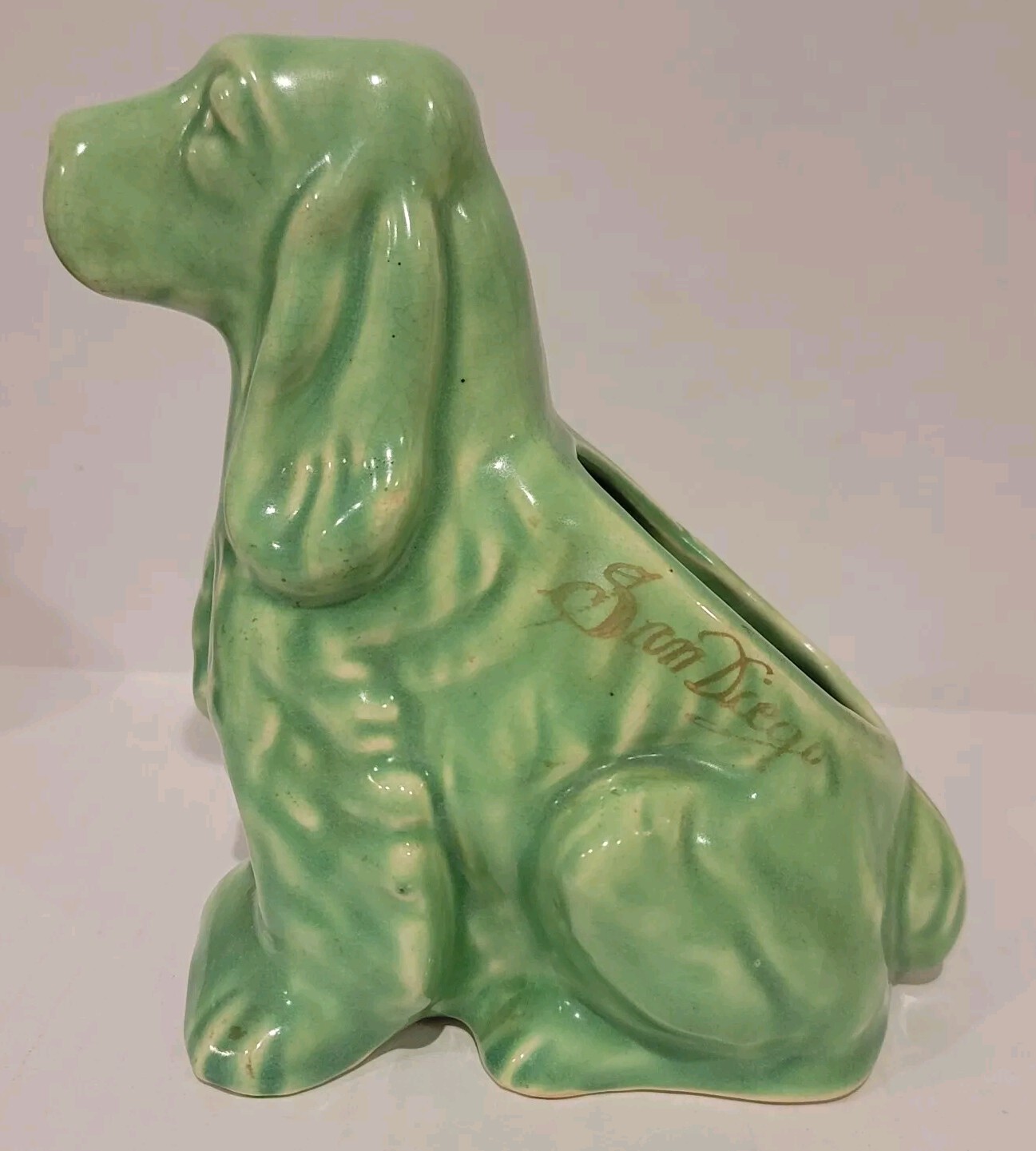Vintage San Diego Souvenir Pottery Green Cocker Spaniel Dog Planter
