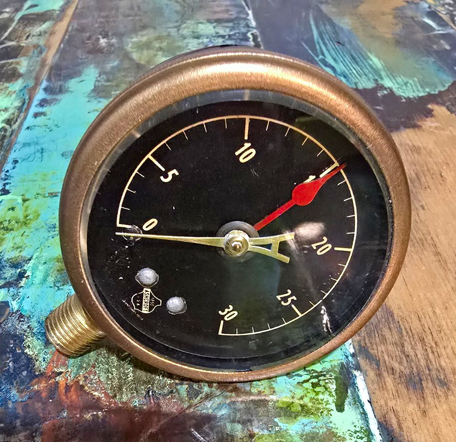 Vintage Antique Ashcroft Steam Gauge with Beveled Glass, Brass Ring,  Black Face
