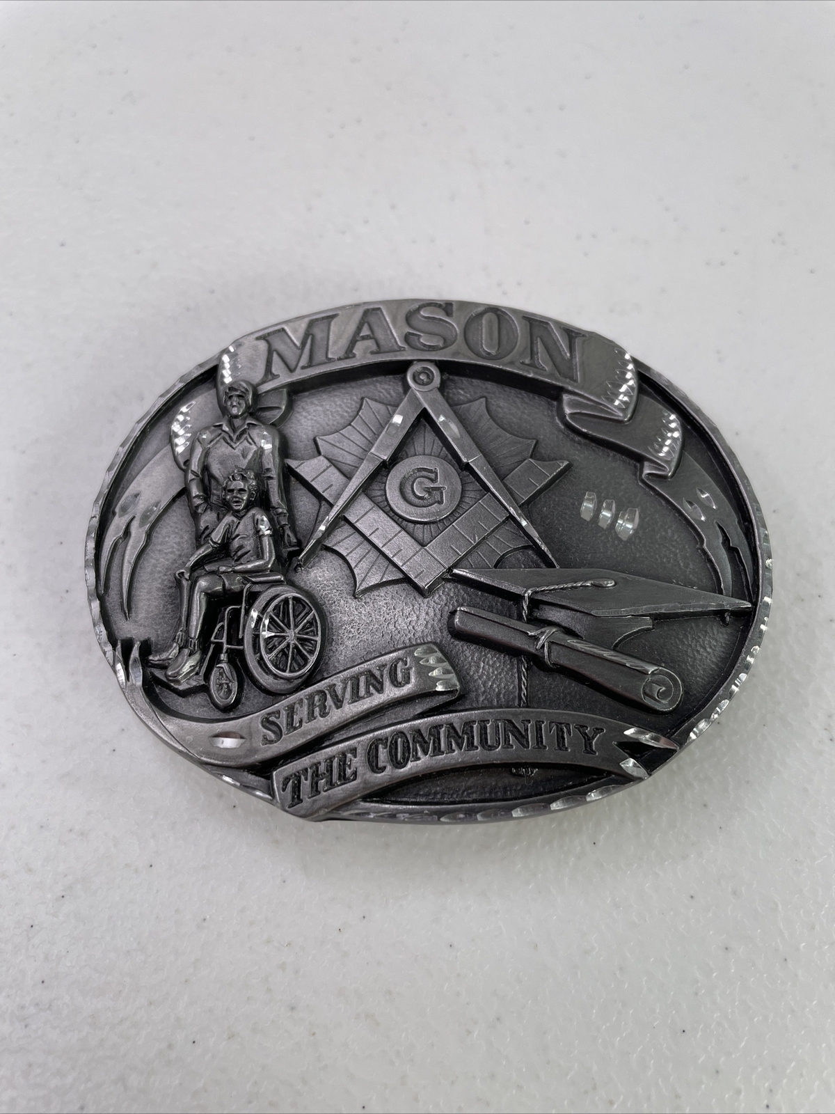 Vintage Masonic Mason Serving The Community Metal Belt Buckle Siskiyou Buckle Co