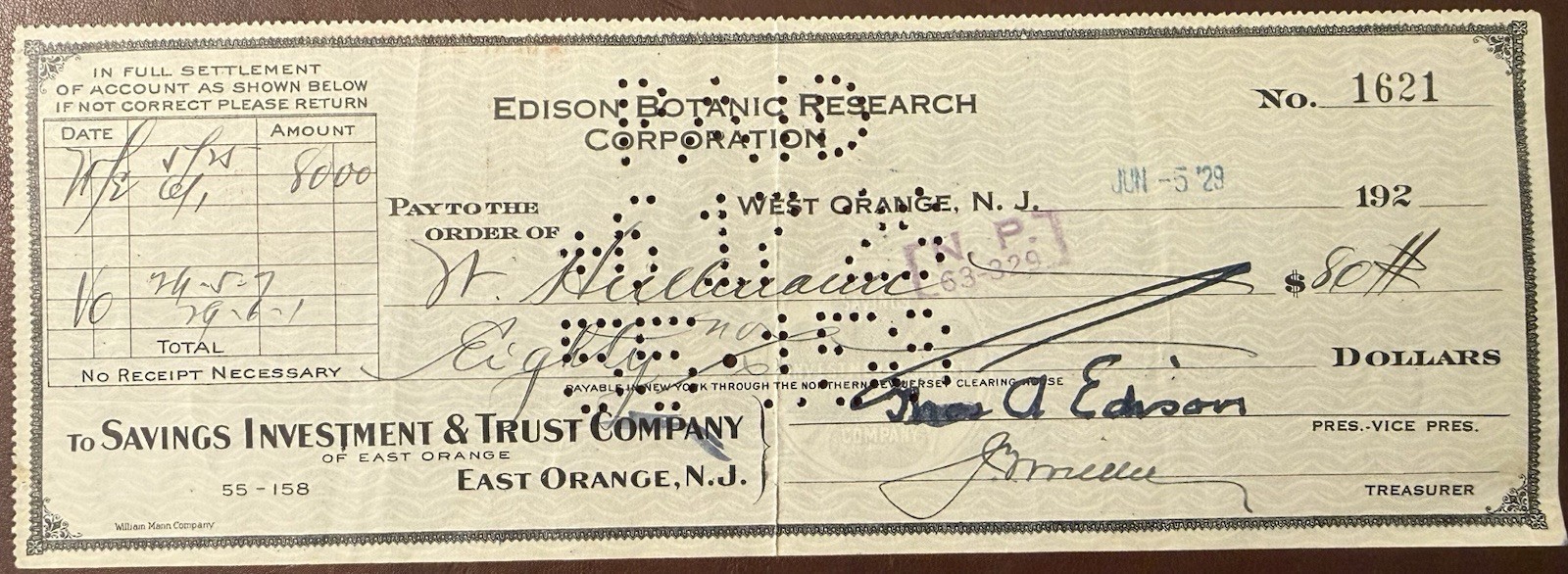 Thomas Edison Signed Edison Botanic Corporation Check. Rubber Research Era.