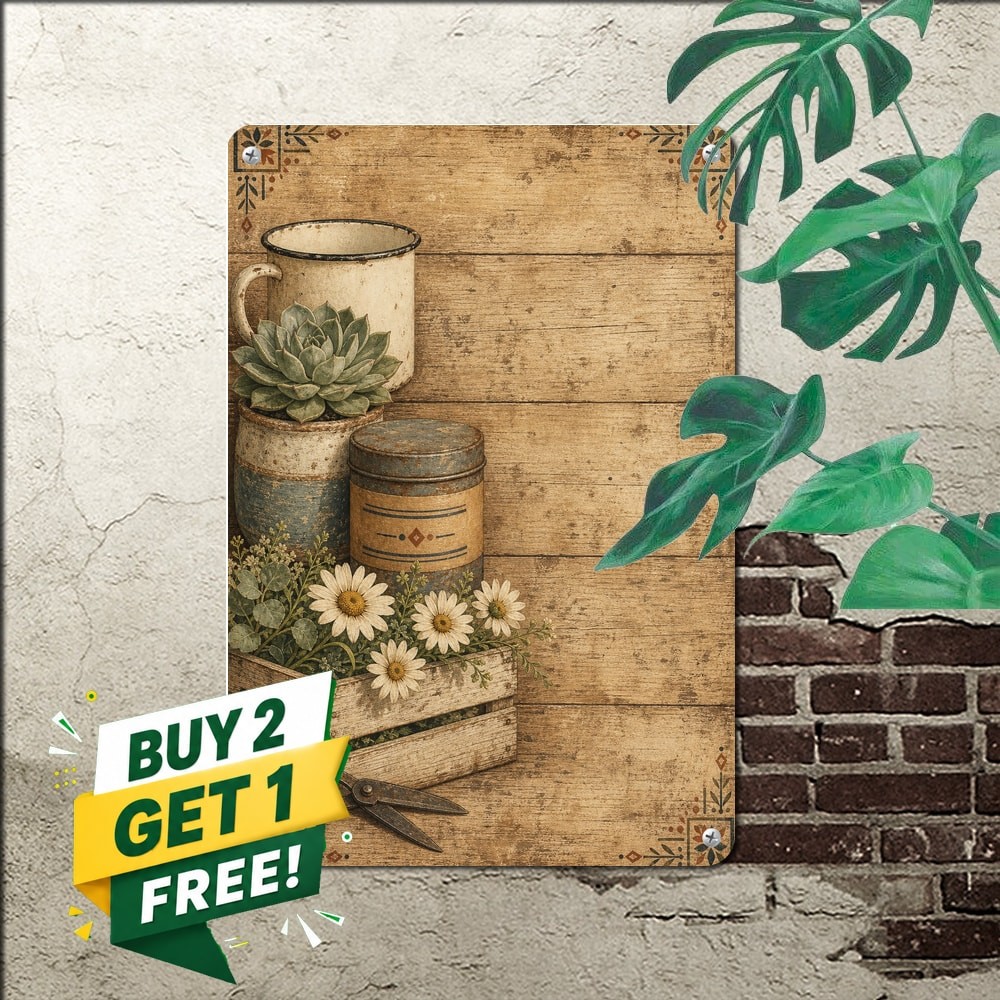 Three Stacked Rusty Pails Flower Buckels Illustration Metal Tin Sign Plaque