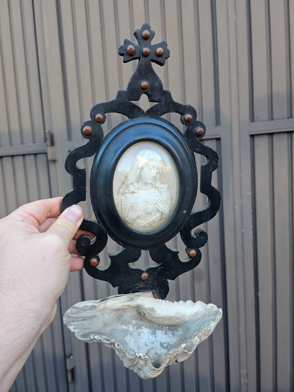 Antique Meerschaum Sacred heart madonna wood plaque shell holy water font