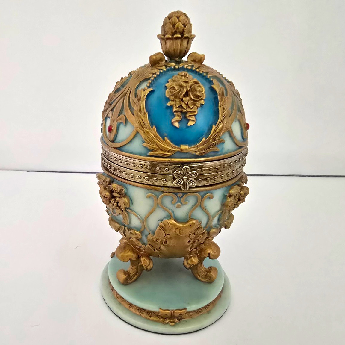 Antique Style Blue & Gold Metal Ornate Egg-Shaped Decorative Trinket Box