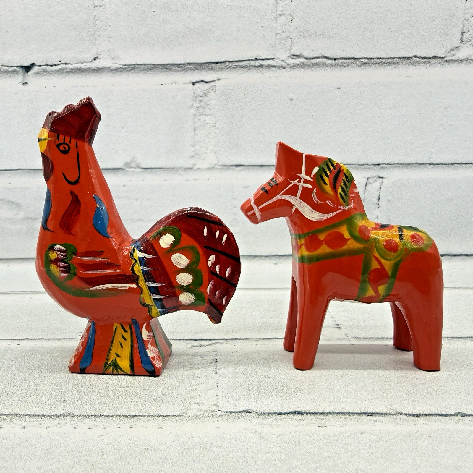 Hand Painted Swedish Dala Rooster and Horse Wood Figurines Red Mini Hand Painted