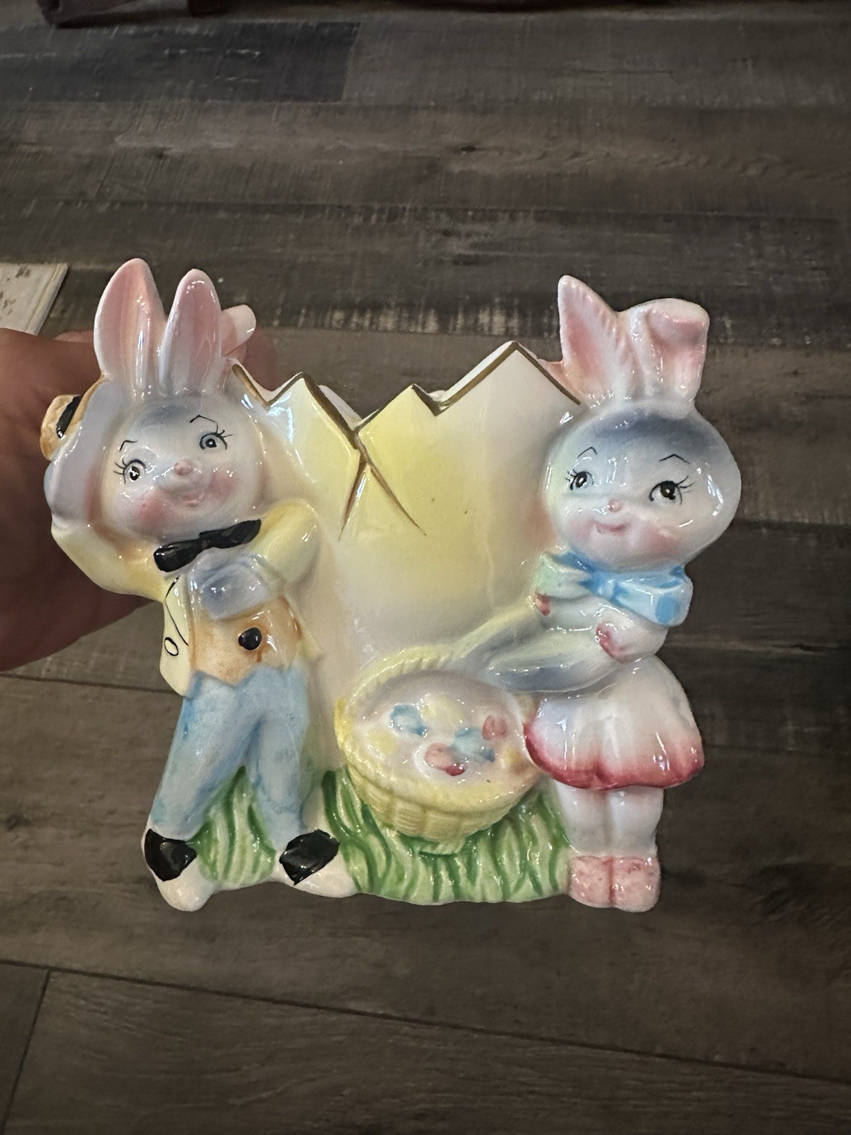 Vintage RB Japan Ceramic Easter Egg Bunnies Planter