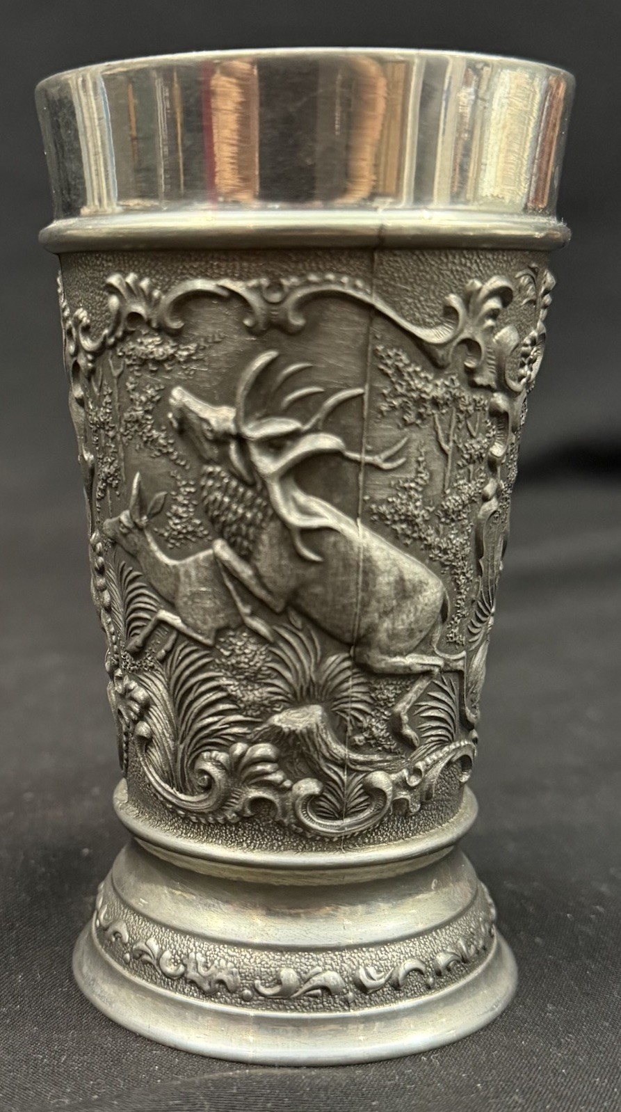Vintage Frieling Zinn German Pewter Cup Elk Or Dear Motif 4” Tall