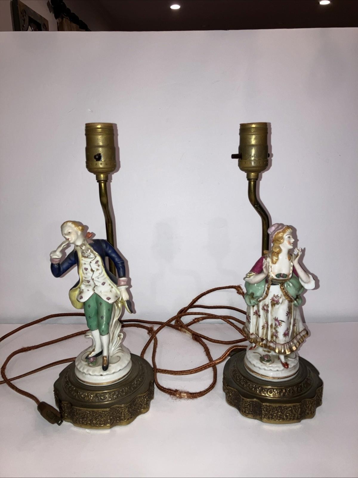 Pair Antique Porcelain Figural Lady & Man Lamp Brass Pedestal Base Both Work