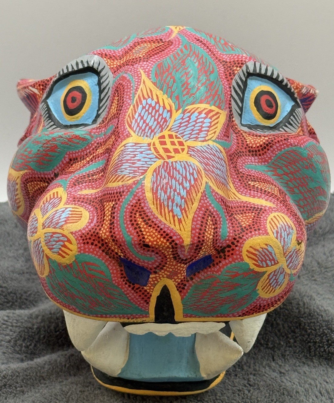 Signed Pepe Santiago Oaxacan Wood Carving Alebrije Jaguar Head Mexican Folk Art