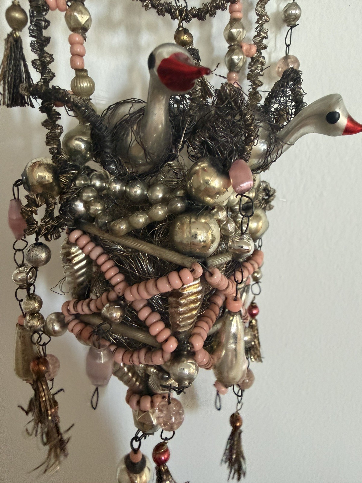 Rare Vintage Wire Wrapped Gablonz Glass  2 Bird In Nest Christmas Ornament 