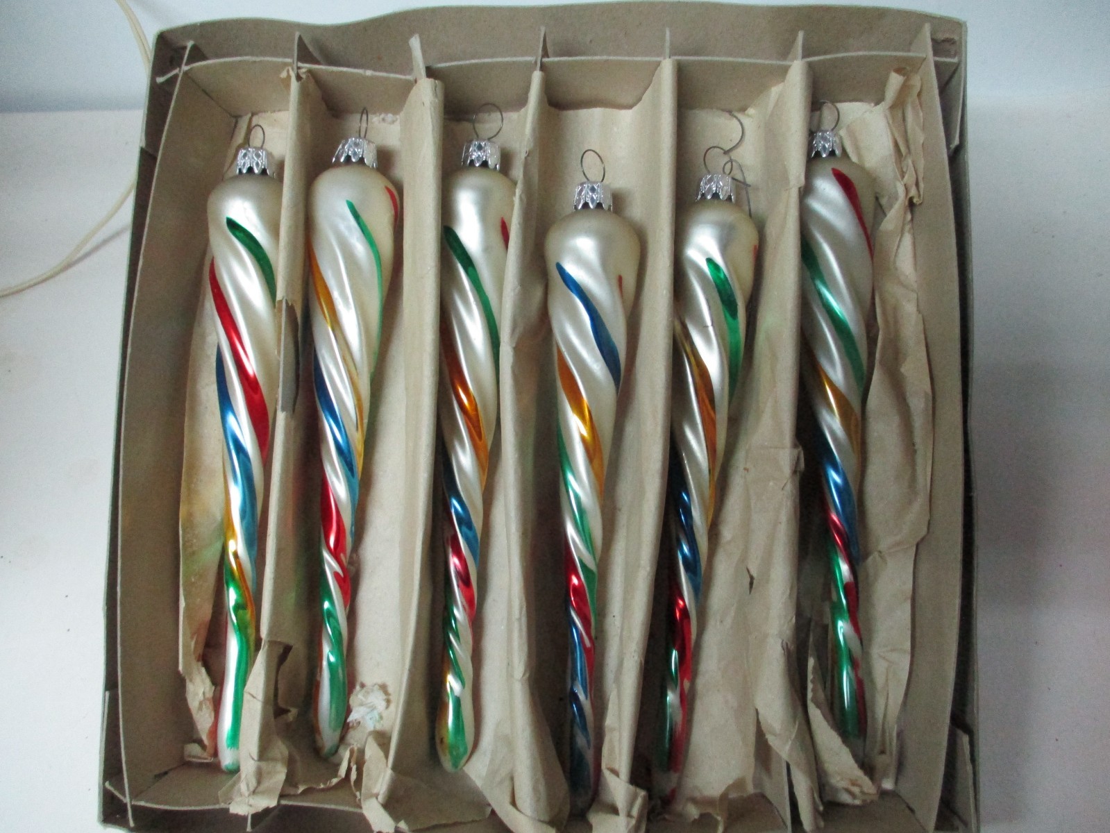6 Vintage Germany Twisted Glass Multi Color Icicle 8 1/4\ 6 Vintage Germany Twisted Glass Multi Color Icicle 8 1/4\