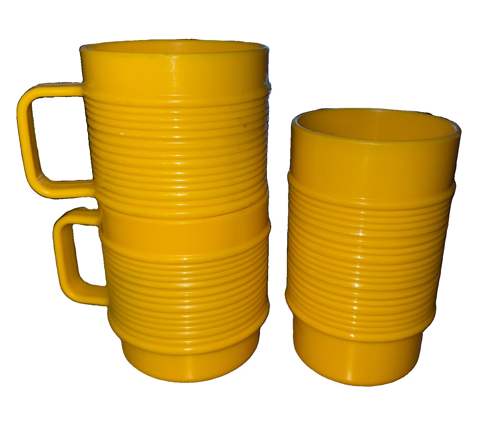 Vtg 70s Lot Rubbermaid Yellow Ribbed 2 Plastic Mugs 1 Cup Stackable Coffee Cups