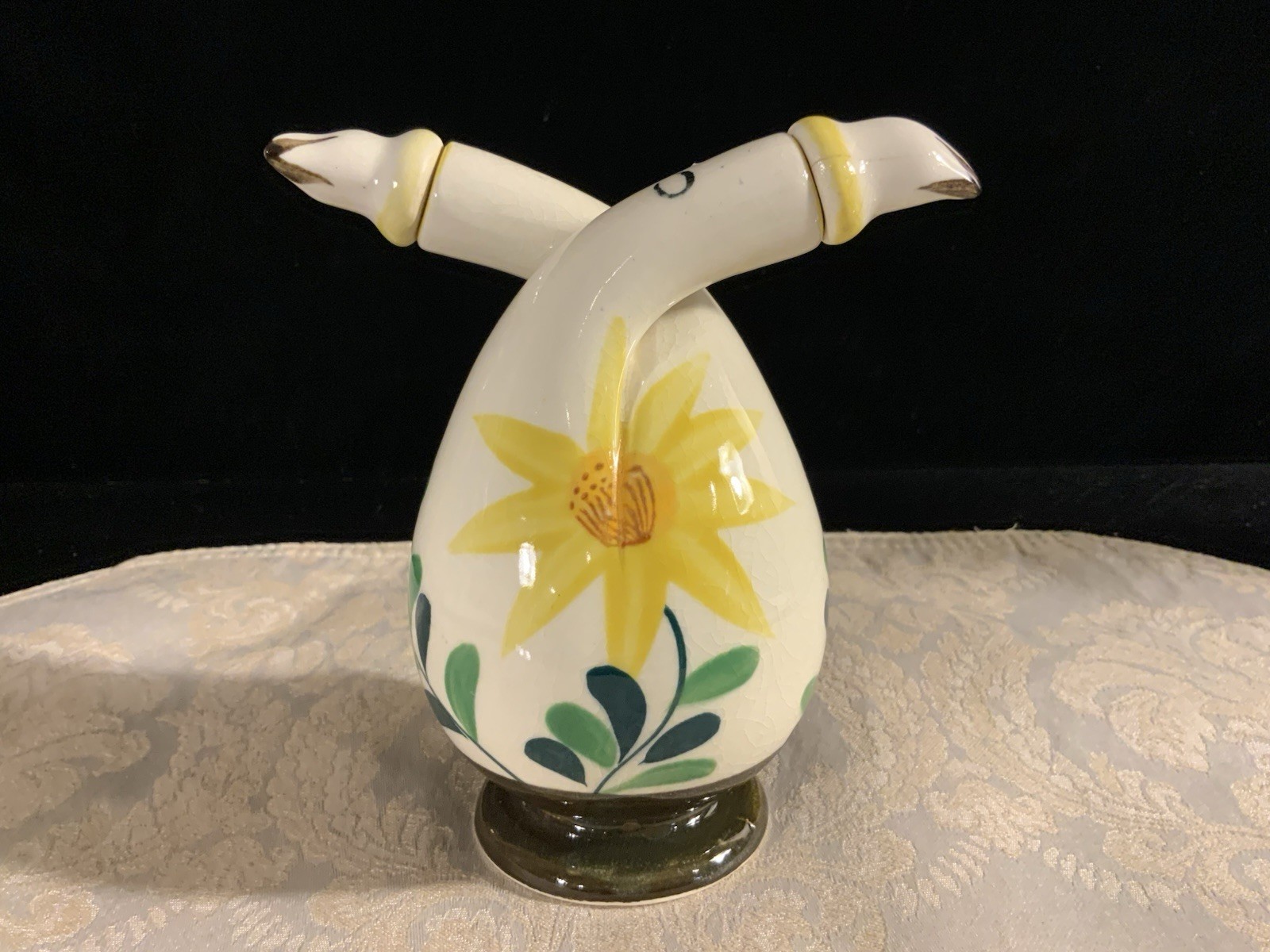 Vtg Double Neck Cruet Oil Vinegar Bottle Dispenser Hand Painted Flowers