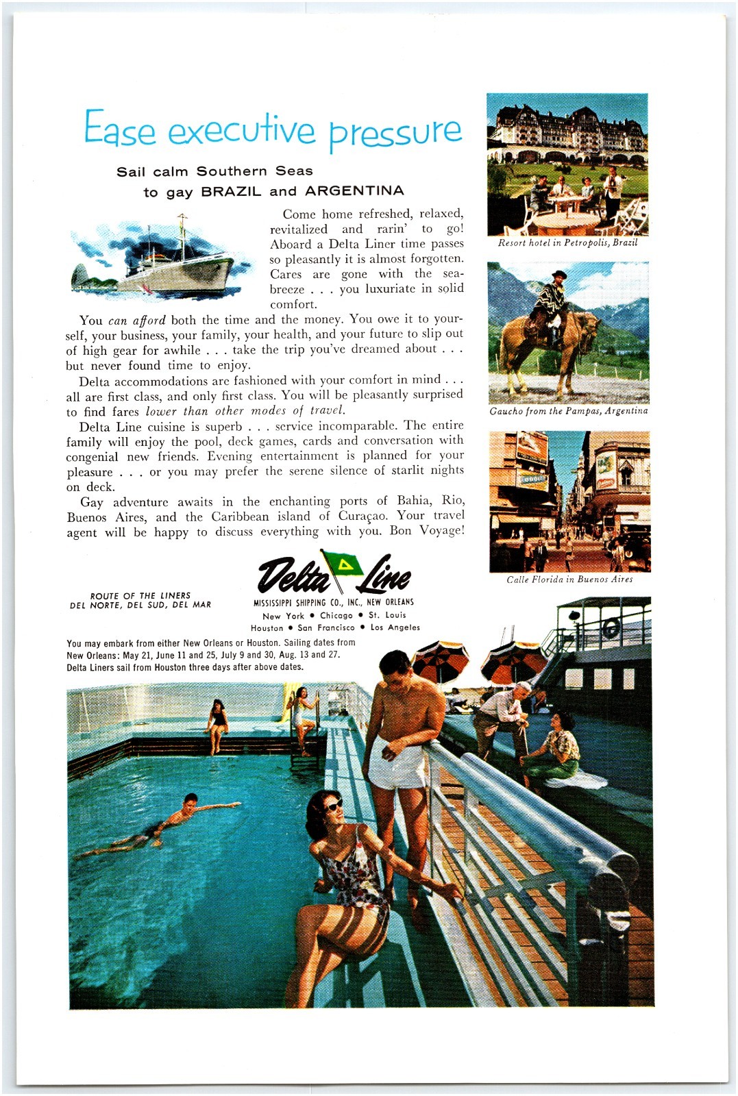 1962 PRINT AD DELTA LINE SAIL TO BRAZIL AND ARGENTINA MISSISSIPPI SHIPPING CO