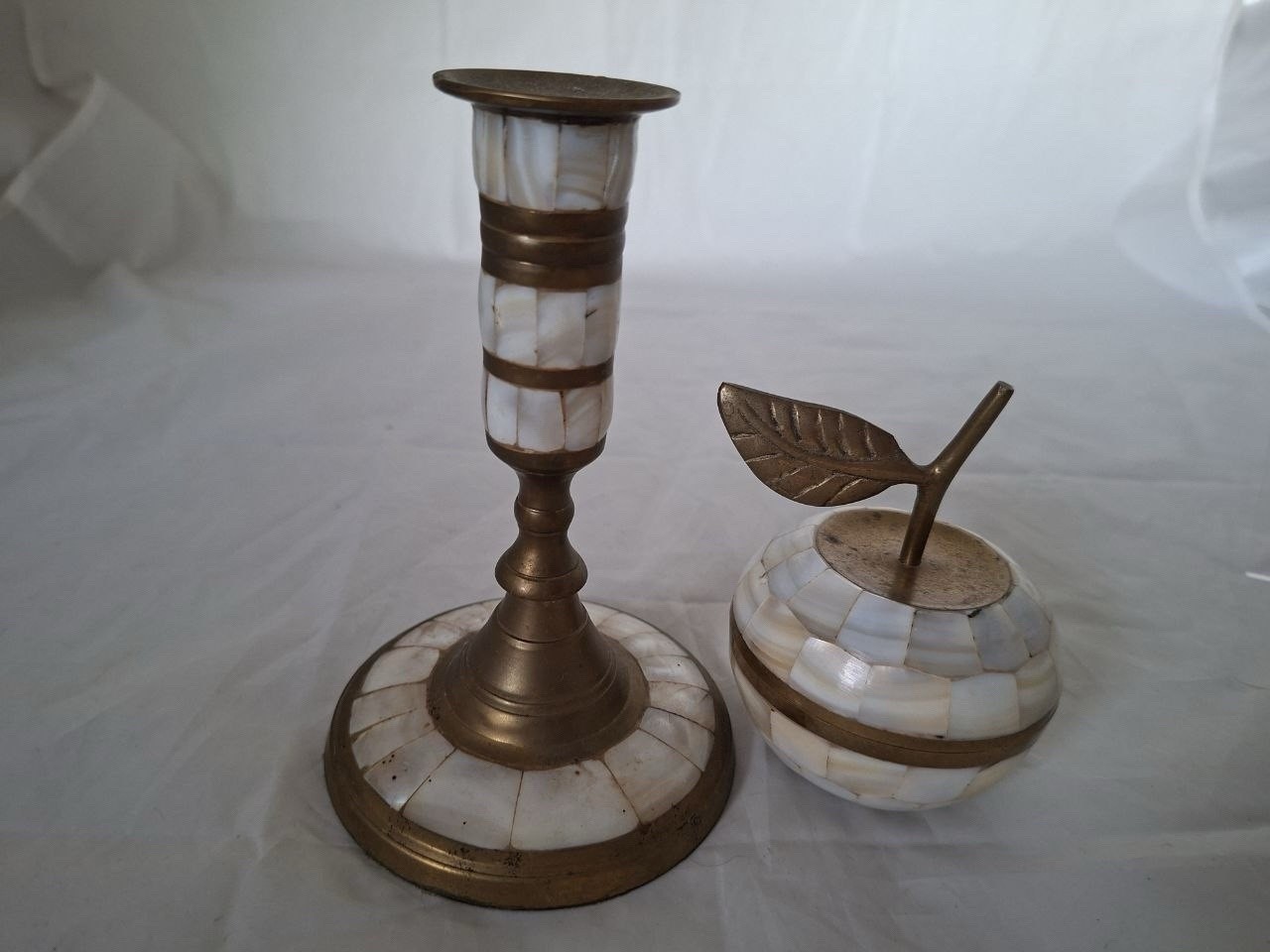 Vintage Set Brass Mother of Pearl Apple Tin Candlesticks Handmade Decor
