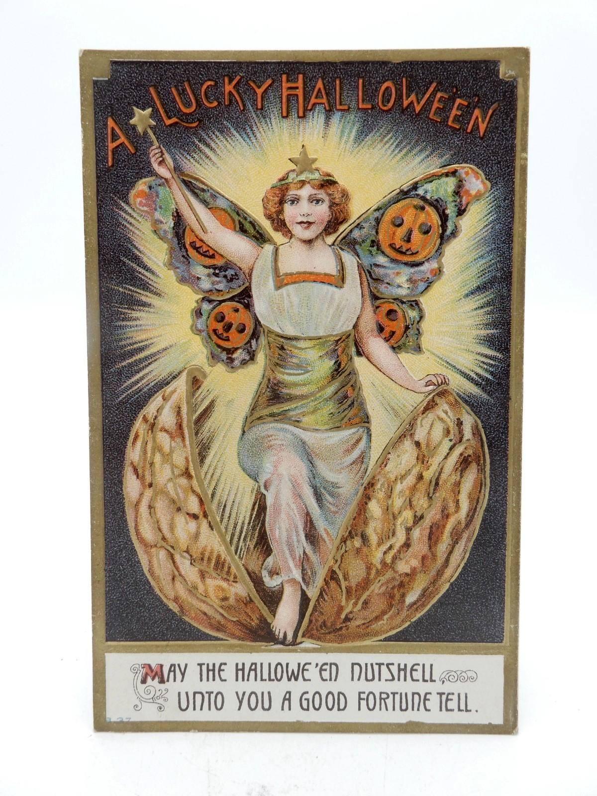 Great B-37 Series Halloween Postcard Moth Winged Woman emerges from Walnut Shell Great B-37 Series Halloween Postcard Moth Winged Woman emerges from Walnut Shell