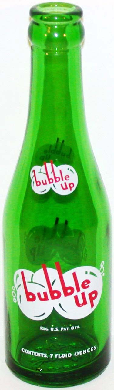 Vintage ACL soda pop bottle BUBBLE UP #1 green 7oz G M Swallow 1947 Lima Ohio