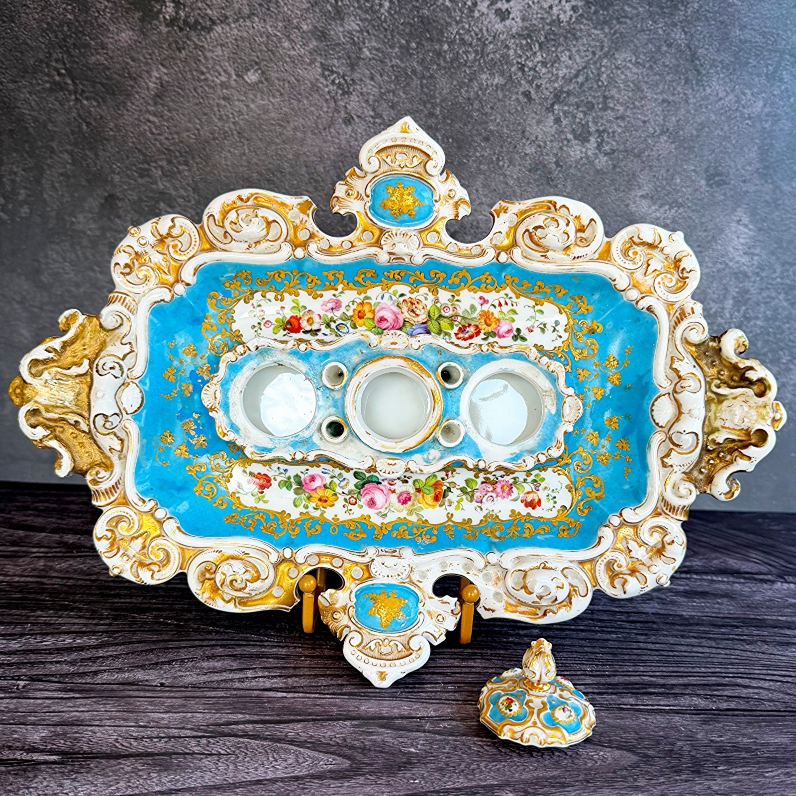 Antique 1840s Old Paris Porcelain Inkstand Inkwell Rococo Floral Turquoise Gold