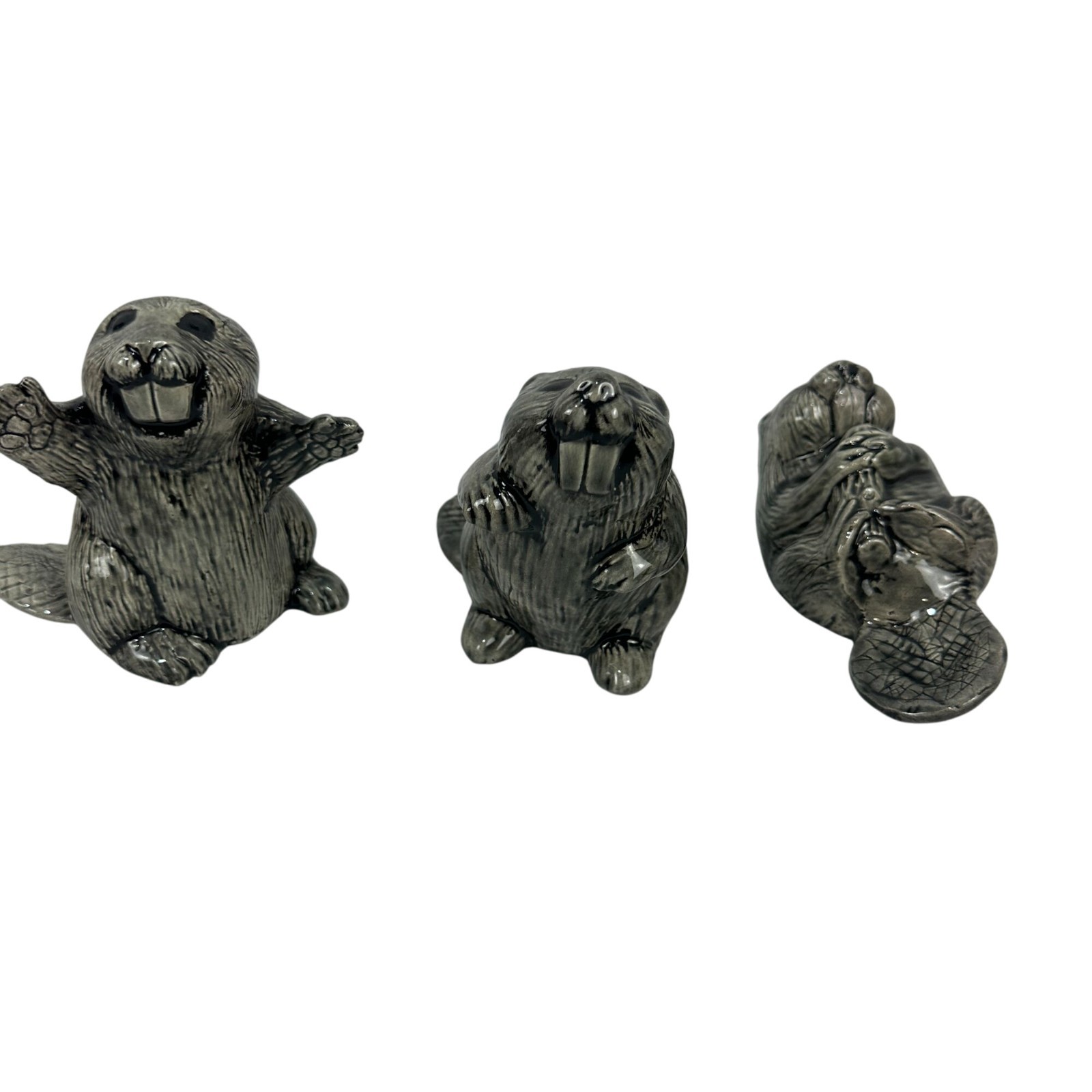 Handcrafted Ceramic Beaver Figurine Set Of Three Gray Black Textured Detailing