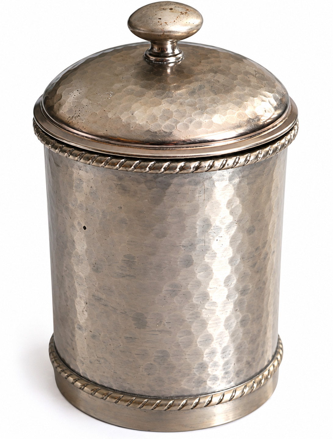 Vintage Hammered Silver Tone Lidded Vanity Canister Rope Trim Bath Decor