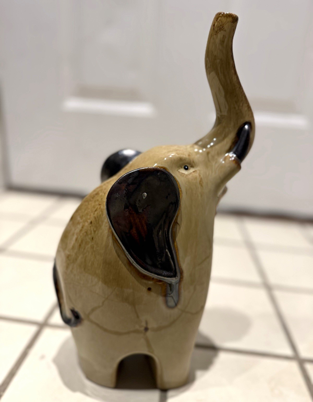 Vintage Ceramic Elephant Figurine Trunk Up Tan Brown Mottled Glaze Large Decor