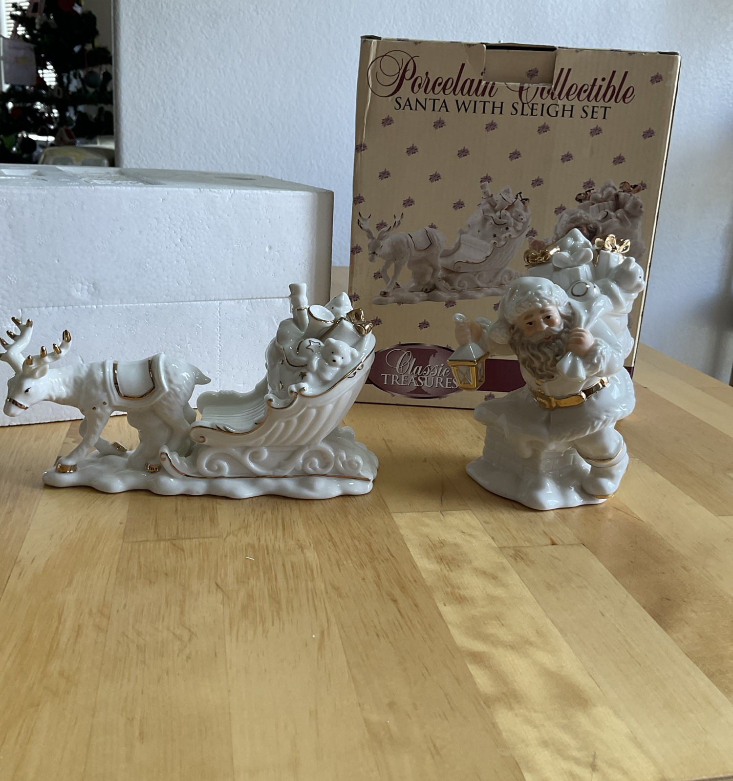 Classic Treasures Christmas Porcelain Collectible Santa Reindeer Sleigh Figurine