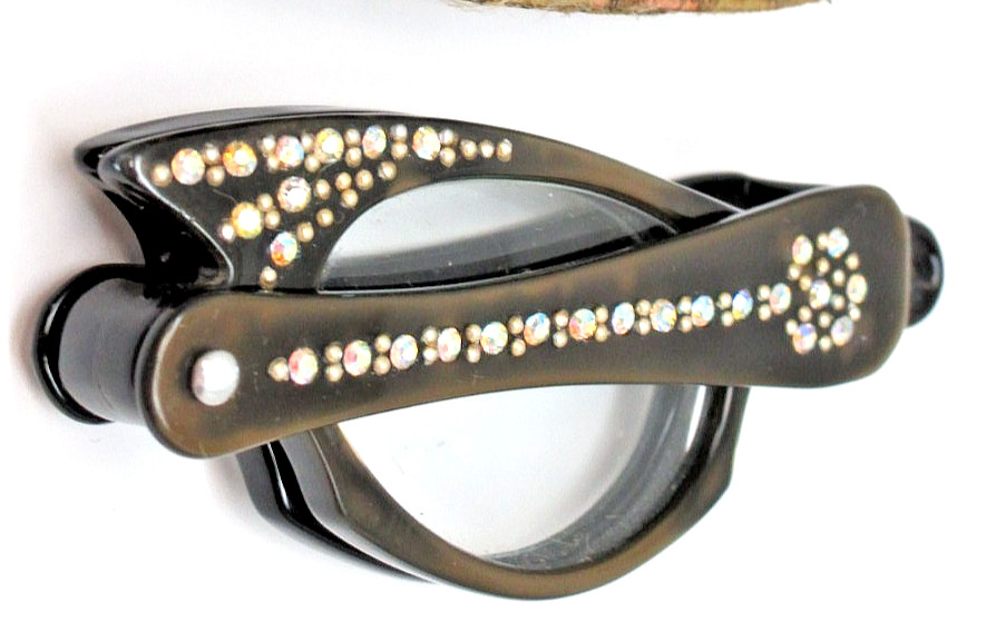 Vintage 1950's Cat Eye Folding Rhinestone Lorgnette Eyeglasses in Silk Pouch