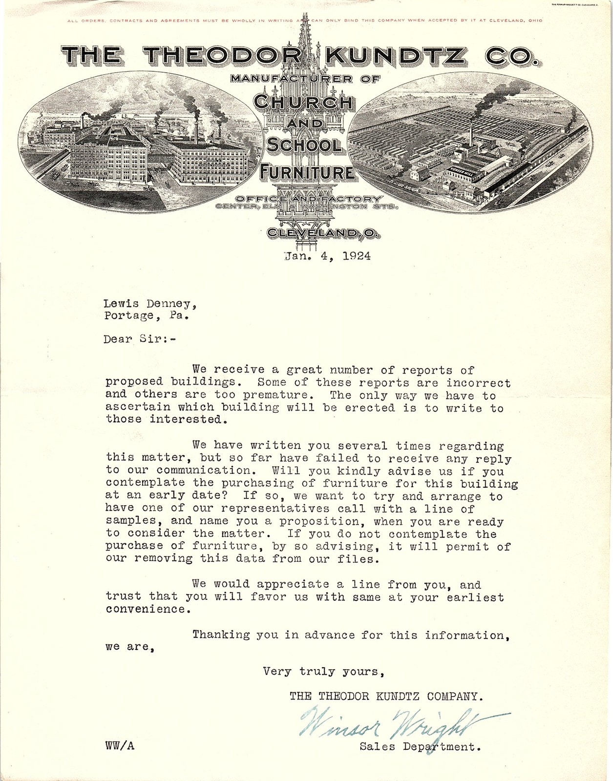 1924 Cleveland Theodor Kundtz Co. Furniture Letter